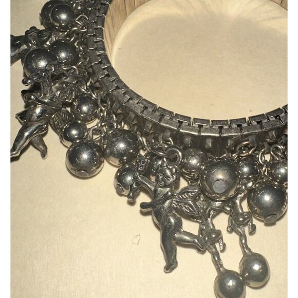 Vtg Tribal Silver Expandable Bracelet W/ Dangle Charms Angels Cherubs Balls - Picture 2 of 6